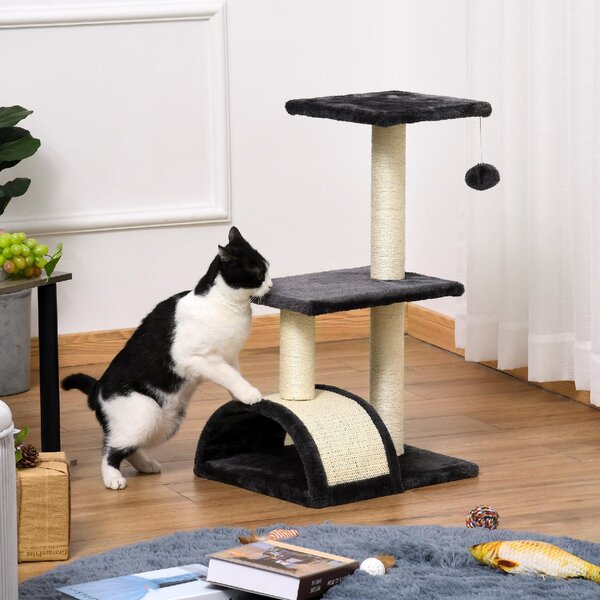 AllMyPets Albero per Gatti a 3 Livelli con Tappetino Tiragraffi ad Arco in Legno Peluche e Sisal 40x35x72 cm colore Grigio - 22351S366