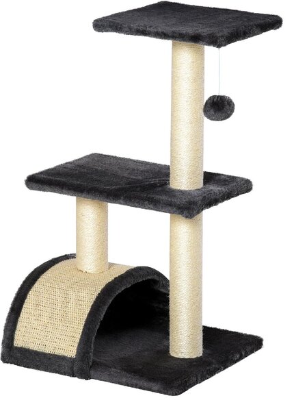 AllMyPets Albero per Gatti a 3 Livelli con Tappetino Tiragraffi ad Arco in Legno Peluche e Sisal 40x35x72 cm colore Grigio - 22351S366