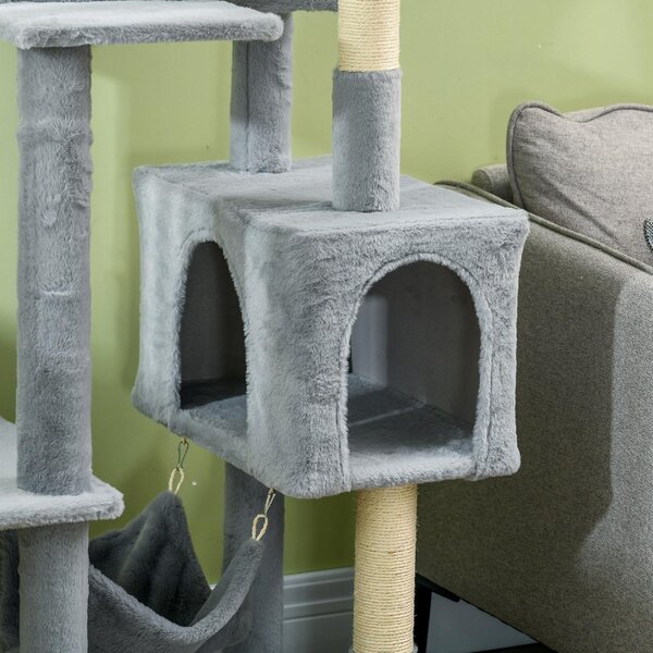 AllMyPets Albero per Gatti con Amaca Lettino e 2 Casette in Truciolato e Peluche 55x49x177 cm colore Grigio e Bianco - GY-D3GY