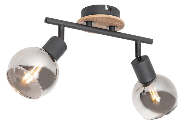 Plafoniera nera con vetro fumé e legno 2 luci - VIDRO