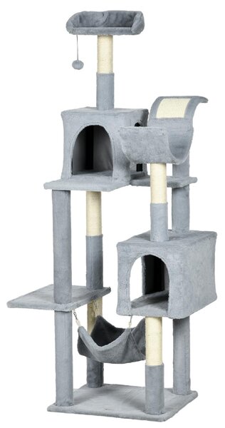 AllMyPets Albero per Gatti con Amaca Lettino e 2 Casette in Truciolato e Peluche 55x49x177 cm colore Grigio e Bianco - GY-D3GY