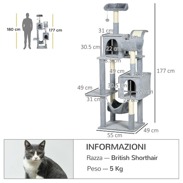 AllMyPets Albero per Gatti con Amaca Lettino e 2 Casette in Truciolato e Peluche 55x49x177 cm colore Grigio e Bianco - GY-D3GY