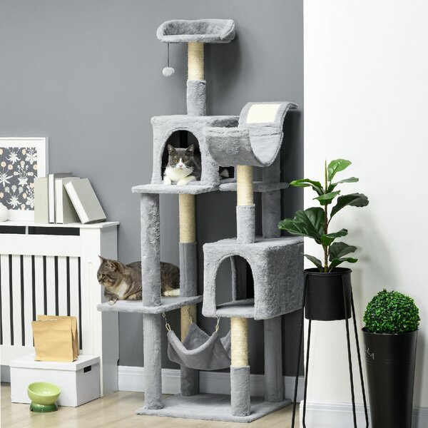 AllMyPets Albero per Gatti con Amaca Lettino e 2 Casette in Truciolato e Peluche 55x49x177 cm colore Grigio e Bianco - GY-D3GY