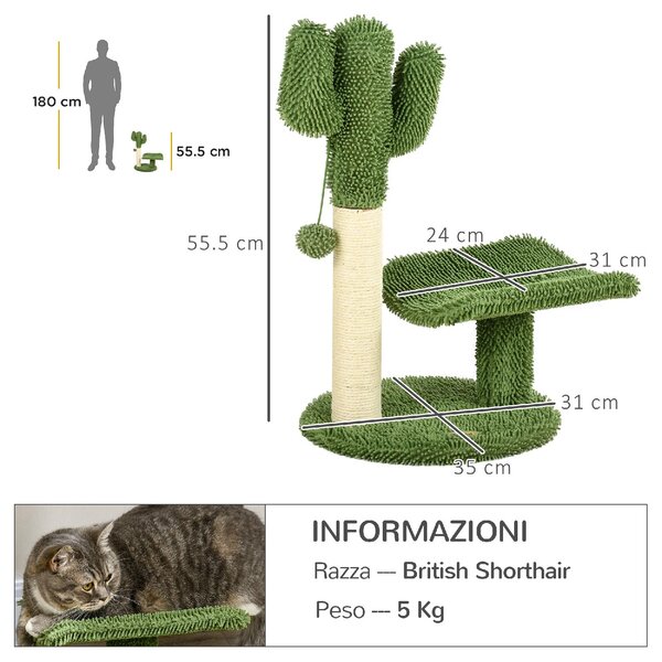 AllMyPets Albero per Gatti a Forma di Cactus con Tiragraffi e Pallina da Gioco 35x31x55.5 cm colore Verde e Bianco - D03DHGN