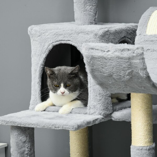 AllMyPets Albero per Gatti con Amaca Lettino e 2 Casette in Truciolato e Peluche 55x49x177 cm colore Grigio e Bianco - GY-D3GY