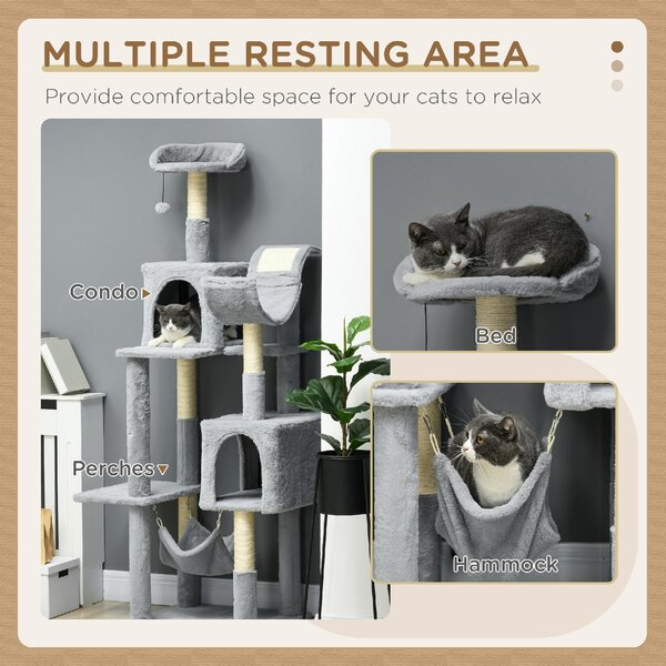 AllMyPets Albero per Gatti con Amaca Lettino e 2 Casette in Truciolato e Peluche 55x49x177 cm colore Grigio e Bianco - GY-D3GY