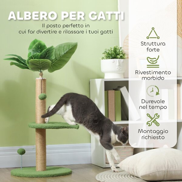 AllMyPets Albero per Gatti con Palo Tiragraffi Piattaforme e Palline in Peluche e Truciolato 40x83 cm colore Verde - 170GNS367