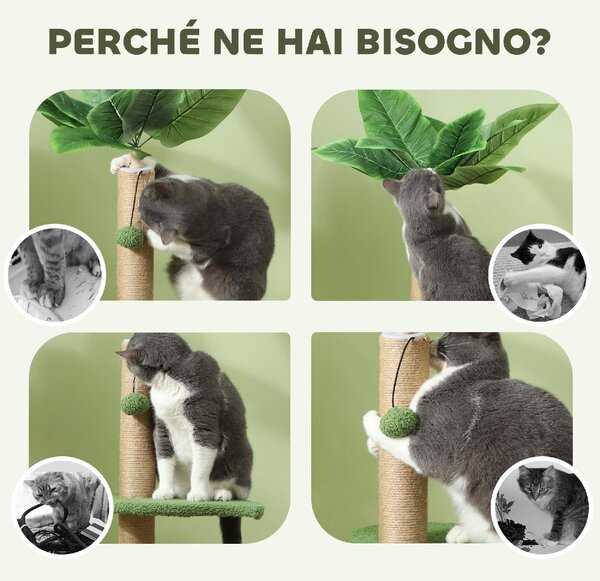 AllMyPets Albero per Gatti con Palo Tiragraffi Piattaforme e Palline in Peluche e Truciolato 40x83 cm colore Verde - 170GNS367