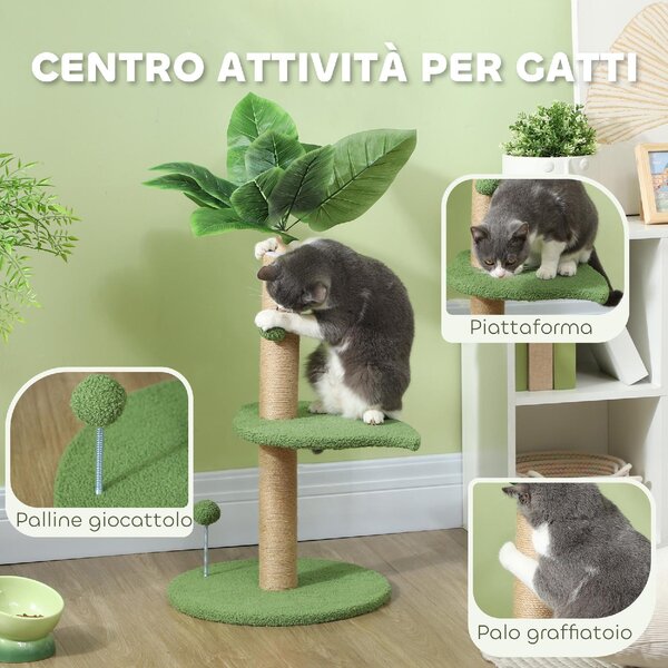 AllMyPets Albero per Gatti con Palo Tiragraffi Piattaforme e Palline in Peluche e Truciolato 40x83 cm colore Verde - 170GNS367