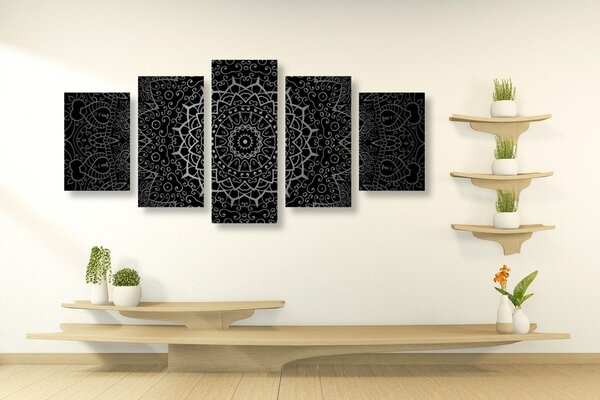 Quadri 5 pezzi – Mandala vintage in stile indiano in bianco e nero