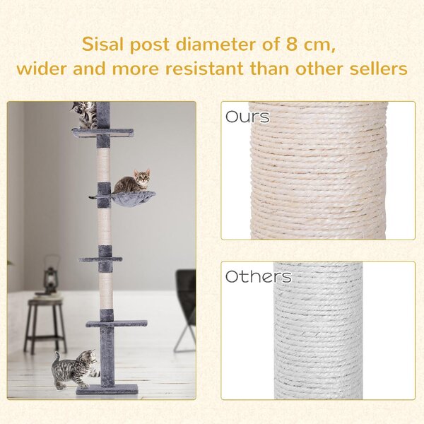 AllMyPets Albero Tiragraffi a 4 Livelli ad Altezza Regolabile in Truciolato Peluche e Sisal 40x34x230-260 cm colore Grigio - 9GYAM254