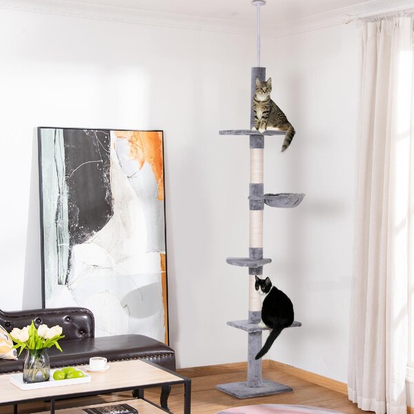 AllMyPets Albero Tiragraffi a 4 Livelli ad Altezza Regolabile in Truciolato Peluche e Sisal 40x34x230-260 cm colore Grigio - 9GYAM254