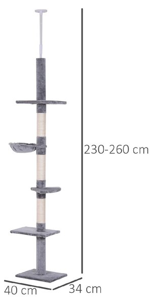 AllMyPets Albero Tiragraffi a 4 Livelli ad Altezza Regolabile in Truciolato Peluche e Sisal 40x34x230-260 cm colore Grigio - 9GYAM254