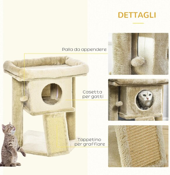AllMyPets Albero per Gatti in Peluche con Casetta e Lettino Tiragraffi in Juta e Pallina colore Marrone - CFA442F