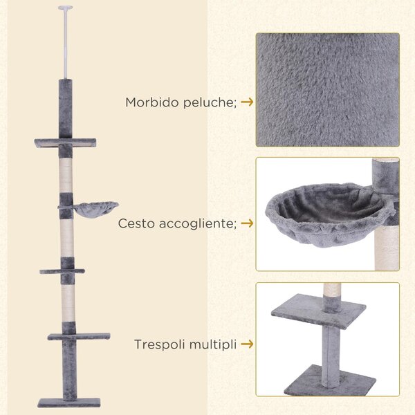 AllMyPets Albero Tiragraffi a 4 Livelli ad Altezza Regolabile in Truciolato Peluche e Sisal 40x34x230-260 cm colore Grigio - 9GYAM254