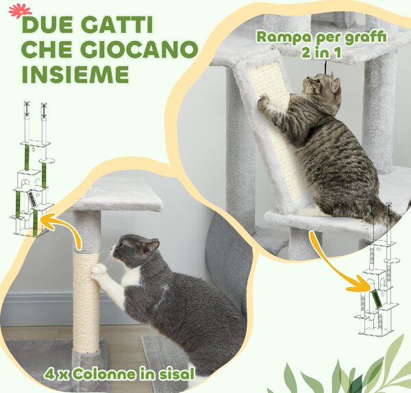 AllMyPets Albero Tiragraffi a Soffitto con Altezza Regolabile 225-255 cm con Casetta e Amaca colore Grigio Chiaro - W670LG