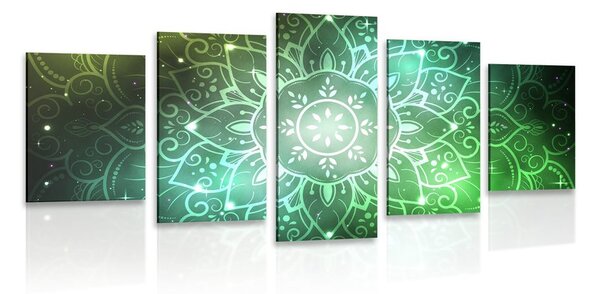 Quadri 5 pezzi – Mandala con sfondo galattico in tonalità di verde