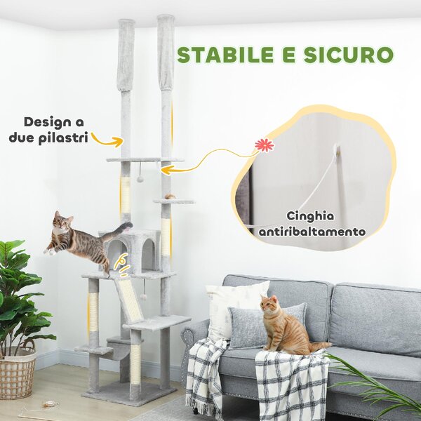 AllMyPets Albero Tiragraffi a Soffitto con Altezza Regolabile 225-255 cm con Casetta e Amaca colore Grigio Chiaro - W670LG