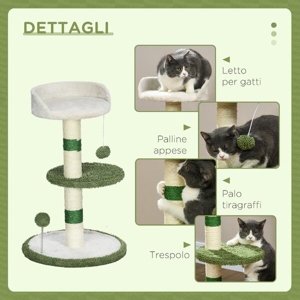 AllMyPets Albero Tiragraffi con Lettino per Gatti 2 Palline Piattaforma e Palo in Sisal colore Verde e Bianco - W671GN