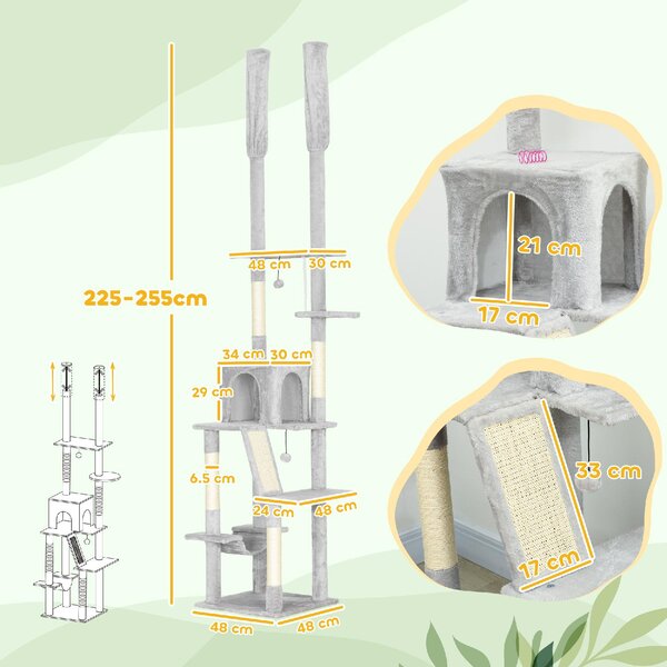 AllMyPets Albero Tiragraffi a Soffitto con Altezza Regolabile 225-255 cm con Casetta e Amaca colore Grigio Chiaro - W670LG