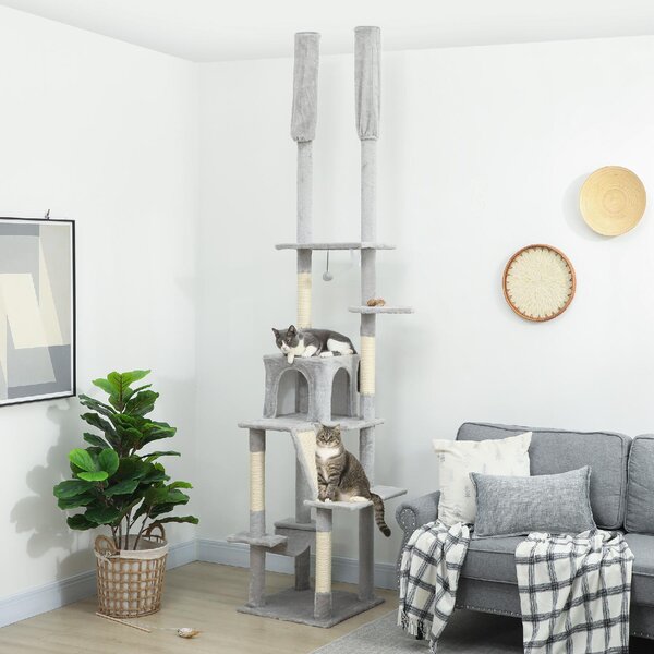 AllMyPets Albero Tiragraffi a Soffitto con Altezza Regolabile 225-255 cm con Casetta e Amaca colore Grigio Chiaro - W670LG