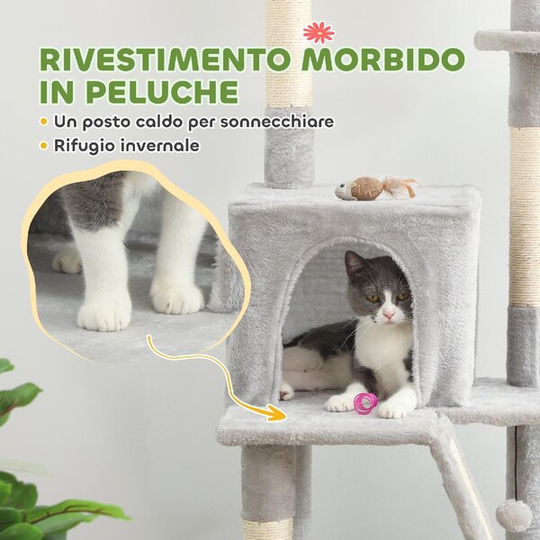 AllMyPets Albero Tiragraffi a Soffitto con Altezza Regolabile 225-255 cm con Casetta e Amaca colore Grigio Chiaro - W670LG