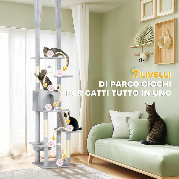 AllMyPets Albero Tiragraffi a Soffitto con Altezza Regolabile 225-255 cm con Casetta e Amaca colore Grigio Chiaro - W670LG