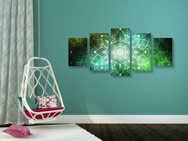 Quadri 5 pezzi – Mandala con sfondo galattico in tonalità di verde