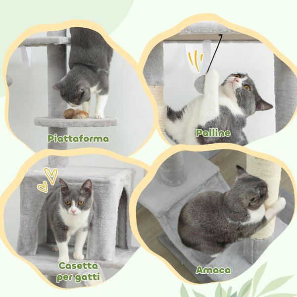 AllMyPets Albero Tiragraffi a Soffitto con Altezza Regolabile 225-255 cm con Casetta e Amaca colore Grigio Chiaro - W670LG