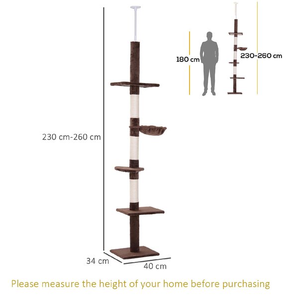 AllMyPets Albero Tiragraffi Multilivello a Soffitto con Amaca e Altezza Regolabile 40x34x230-260 cm colore Marrone - D3DH9BNMAR