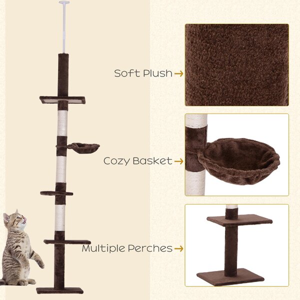 AllMyPets Albero Tiragraffi Multilivello a Soffitto con Amaca e Altezza Regolabile 40x34x230-260 cm colore Marrone - D3DH9BNMAR