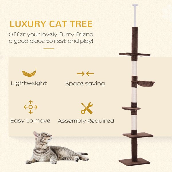 AllMyPets Albero Tiragraffi Multilivello a Soffitto con Amaca e Altezza Regolabile 40x34x230-260 cm colore Marrone - D3DH9BNMAR