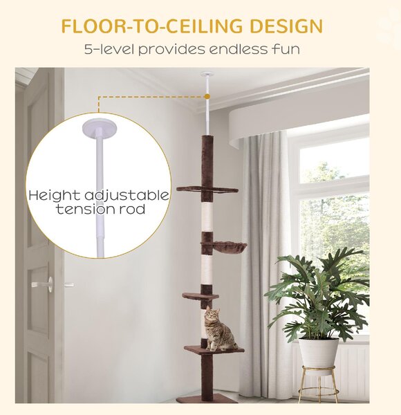 AllMyPets Albero Tiragraffi Multilivello a Soffitto con Amaca e Altezza Regolabile 40x34x230-260 cm colore Marrone - D3DH9BNMAR