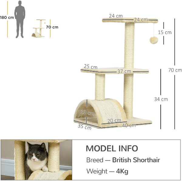 AllMyPets Albero Tiragraffi per Gatti a 3 Livelli con Tiragraffi Peluche e Sisal 40x35x72 cm colore Crema - K568CW