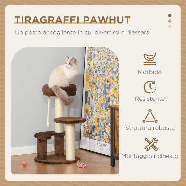 AllMyPets Albero Tiragraffi per Gatti a 3 Livelli con Lettino in Peluche e Pali in Sisal 40x65 cm colore Marrone - K567BN