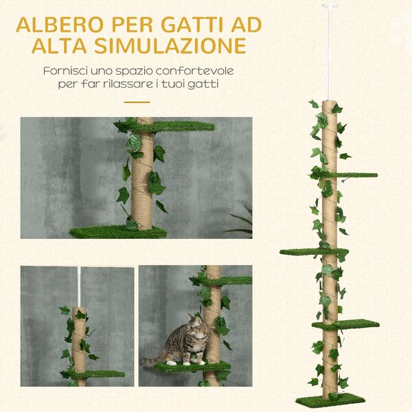 AllMyPets Albero Tiragraffi per Gatti a Soffitto Alto 202-242 cm Regolabile con Asta di Tensione colore Verde - U5130GN