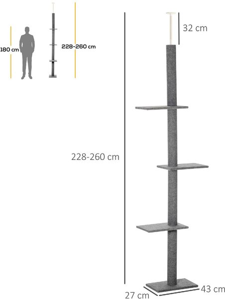 AllMyPets Albero Tiragraffi per Gatti a 4 Livelli con Altezza Regolabile Grigio 43x27x228-260cm - 312GYS369
