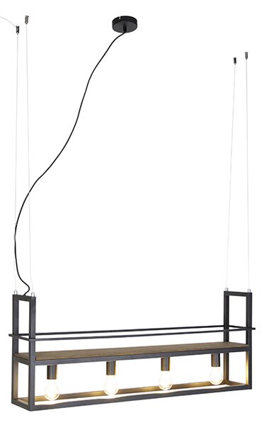 Lampada a sospensione intelligente nera con legno e mensola 4 luci incl. Wifi A60 - Cage Rack