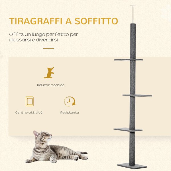 AllMyPets Albero Tiragraffi per Gatti a 4 Livelli con Altezza Regolabile Grigio 43x27x228-260cm - 312GYS369