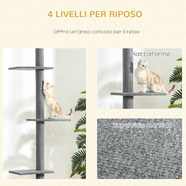 AllMyPets Albero Tiragraffi per Gatti a 4 Livelli con Altezza Regolabile Grigio 43x27x228-260cm - 312GYS369
