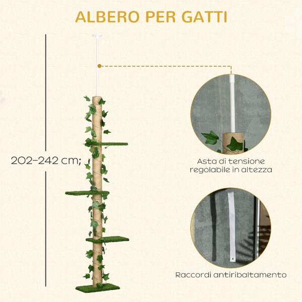 AllMyPets Albero Tiragraffi per Gatti a Soffitto Alto 202-242 cm Regolabile con Asta di Tensione colore Verde - U5130GN