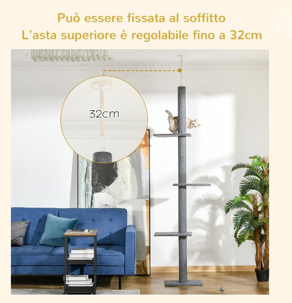 AllMyPets Albero Tiragraffi per Gatti a 4 Livelli con Altezza Regolabile Grigio 43x27x228-260cm - 312GYS369