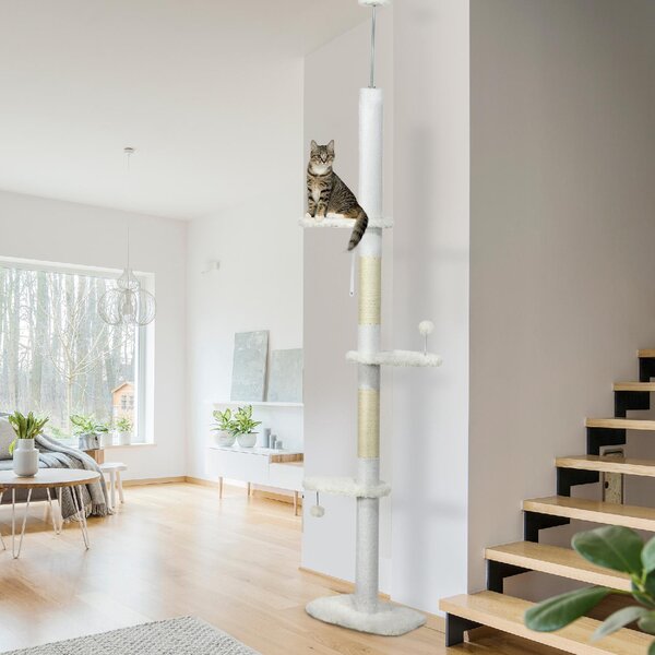 AllMyPets Albero Tiragraffi per Gatti a Soffitto con Altezza Regolabile e Pali Tiragraffi in Cotone 48x32x225-255 cm colore Bianco - WTEF233