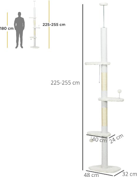 AllMyPets Albero Tiragraffi per Gatti a Soffitto con Altezza Regolabile e Pali Tiragraffi in Cotone 48x32x225-255 cm colore Bianco - WTEF233