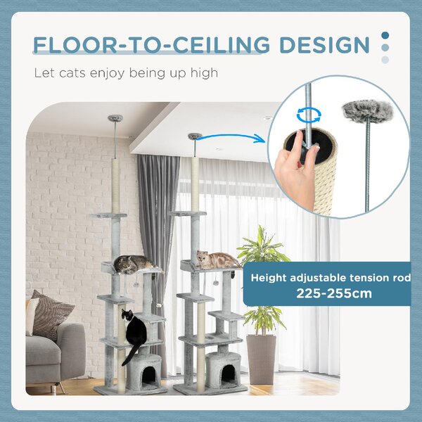 AllMyPets Albero Tiragraffi per Gatti a Soffitto con Piattaforme e Casetta 60x40x225-255 cm colore Grigio - LG-D3OR