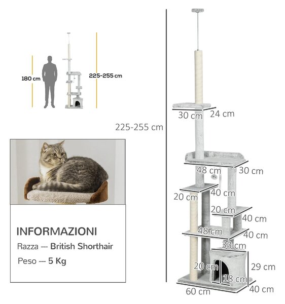 AllMyPets Albero Tiragraffi per Gatti a Soffitto con Piattaforme e Casetta 60x40x225-255 cm colore Grigio - LG-D3OR