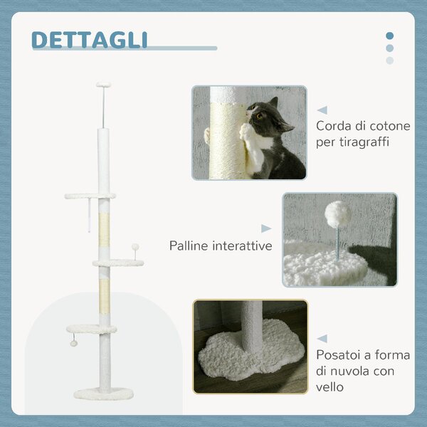 AllMyPets Albero Tiragraffi per Gatti a Soffitto con Altezza Regolabile e Pali Tiragraffi in Cotone 48x32x225-255 cm colore Bianco - WTEF233