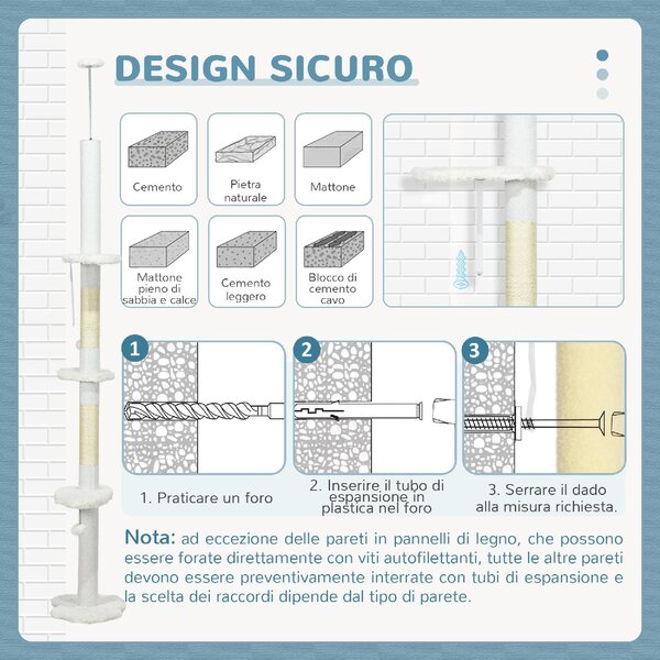 AllMyPets Albero Tiragraffi per Gatti a Soffitto con Altezza Regolabile e Pali Tiragraffi in Cotone 48x32x225-255 cm colore Bianco - WTEF233