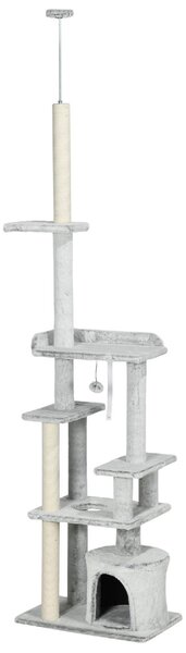 AllMyPets Albero Tiragraffi per Gatti a Soffitto con Piattaforme e Casetta 60x40x225-255 cm colore Grigio - LG-D3OR