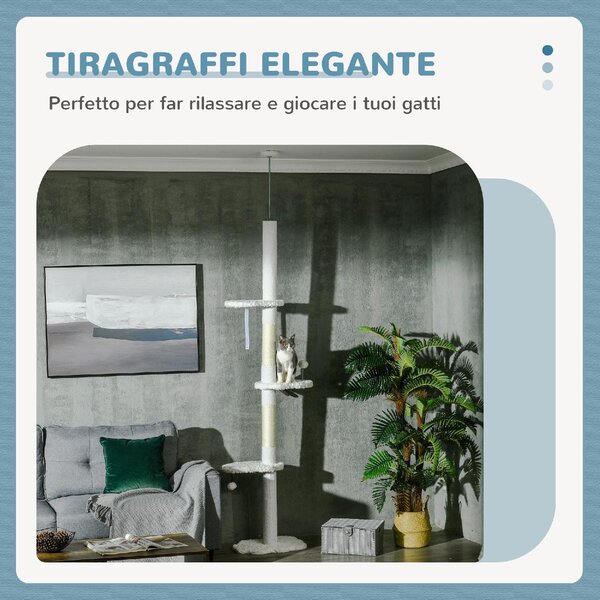 AllMyPets Albero Tiragraffi per Gatti a Soffitto con Altezza Regolabile e Pali Tiragraffi in Cotone 48x32x225-255 cm colore Bianco - WTEF233